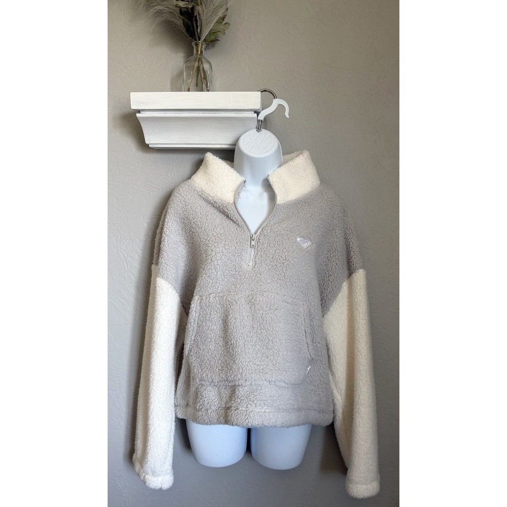 NWT Roxy Plush Sherpa Fleece Pullover Jacket Womens Size‎ XL Gray White Half Zip